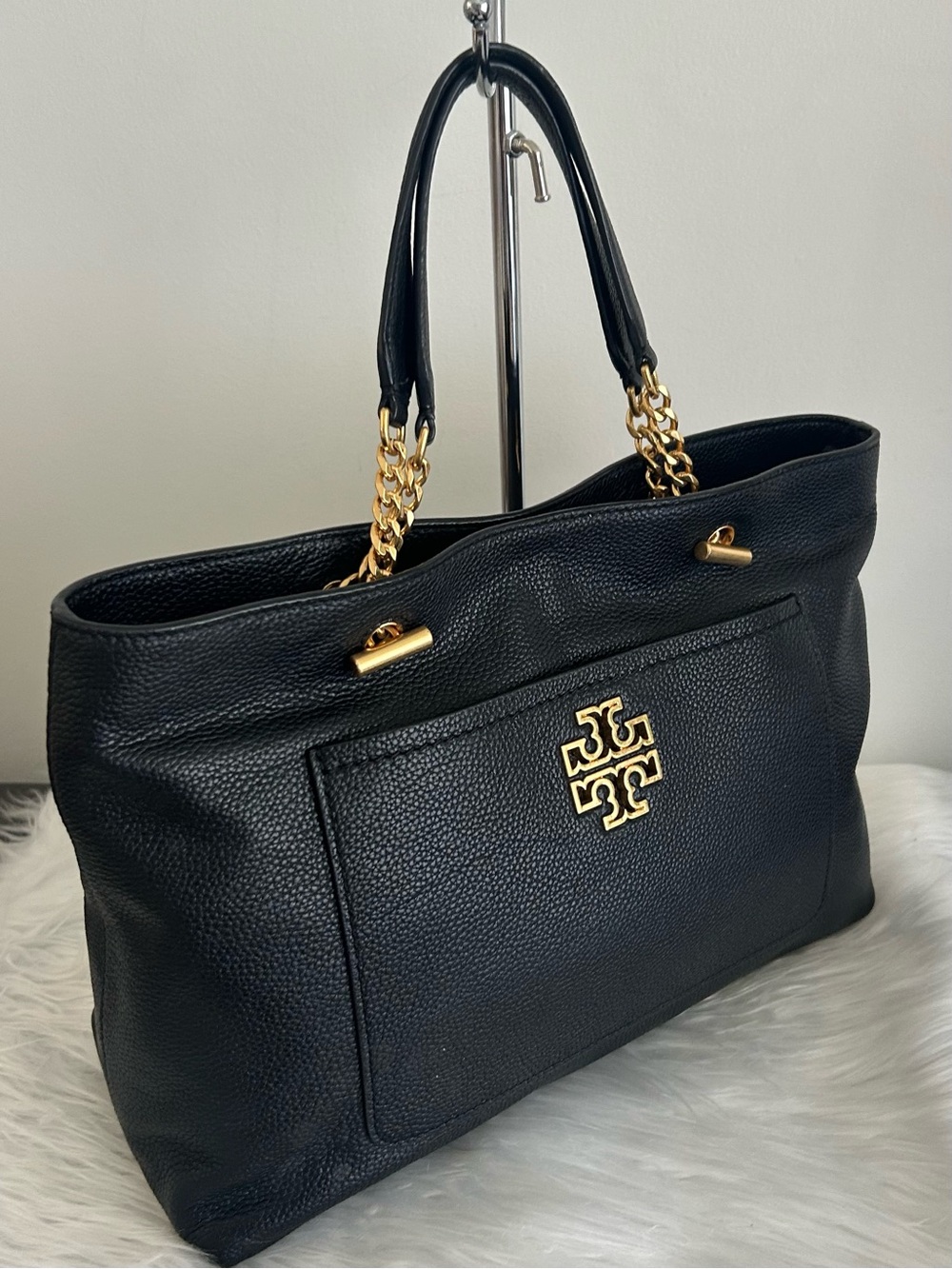 Tory Burch Black Pebbled Leather Chain Tote Shoulder Bag Large everyday purse - Picture 5 of 11